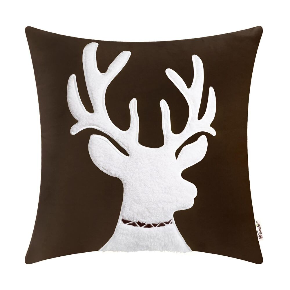6419 Christmas Pillow Cover 18 X 18 Inches, Coffee Reindeer Embroidered